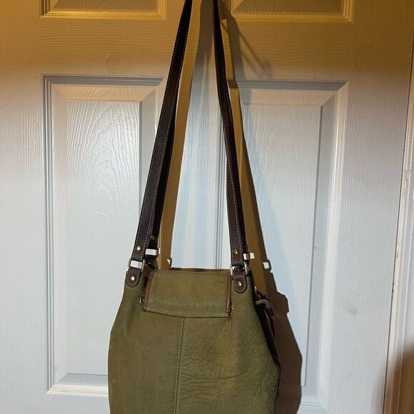 Francesco Biasia leather olive green and brown straps bucket drawstring bag. - Picture 4 of 16